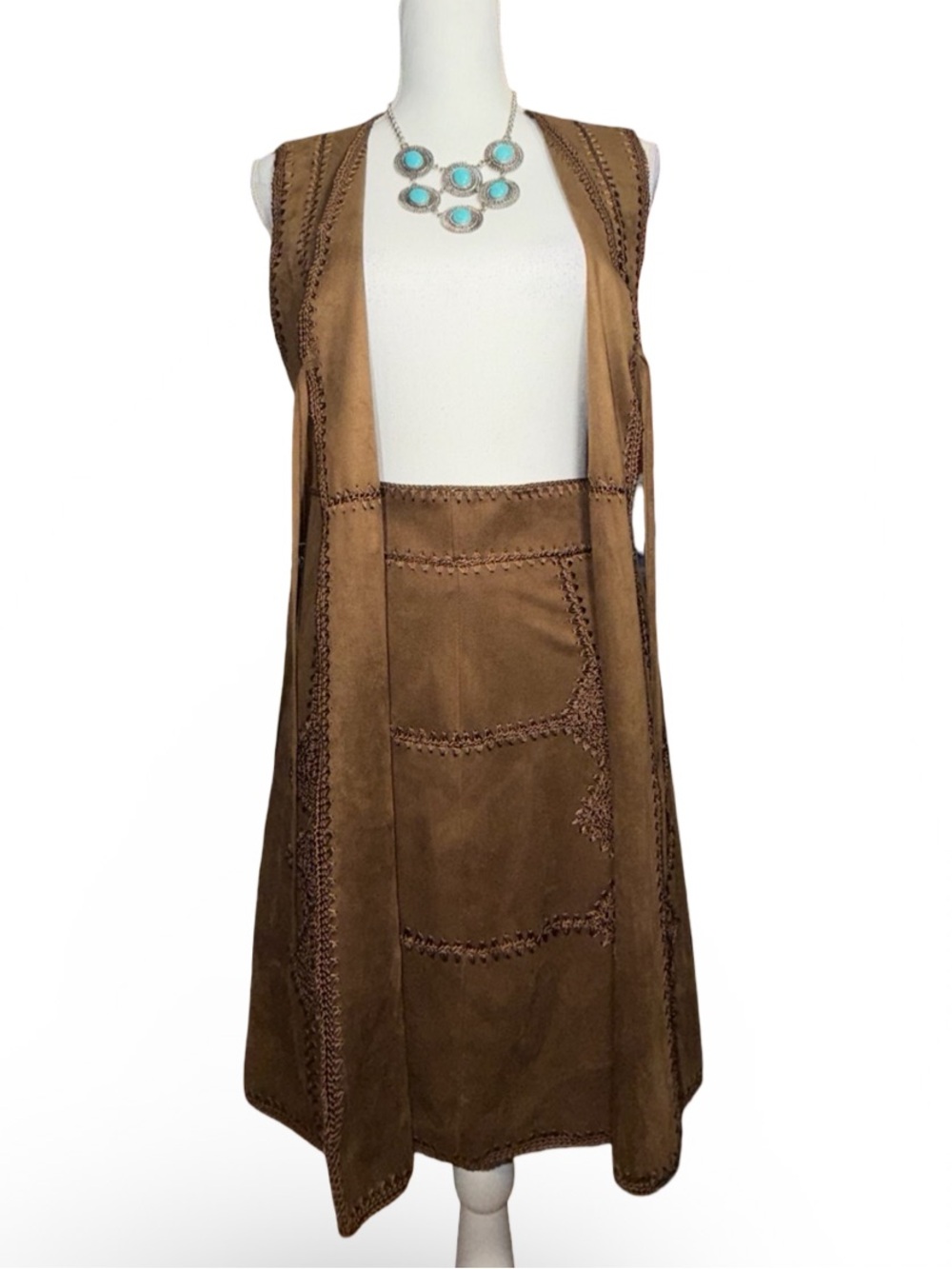 Zara Woman Faux Suede Boho Embroidered Vest & Mini Skirt‎ Set, S